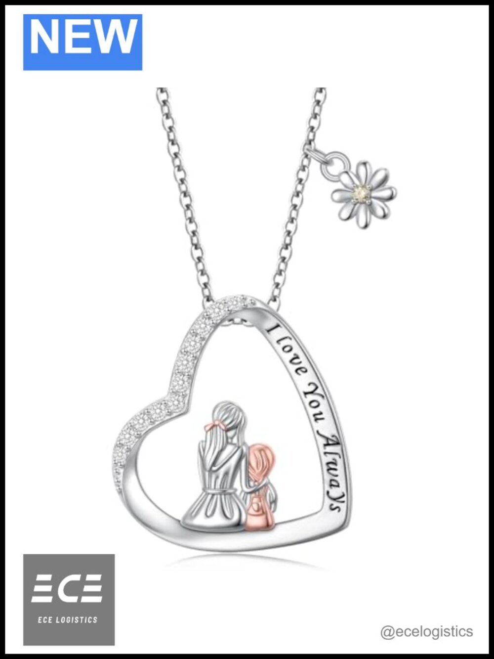 Sterling Silver Mother Daughter Heart Necklace Cubic Zirconia Pendant
